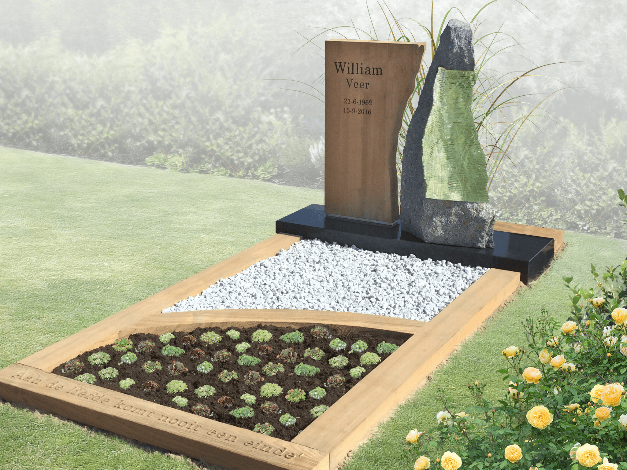 Teakhouten grafmonument combinatie met natuursteen en glas