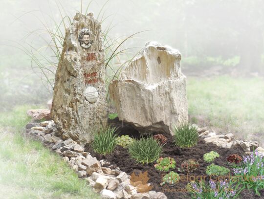 Gedenkteken met losse stenen en versteend hout