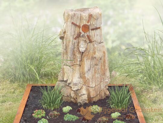 Versteend hout met cortenstaal grafmonument