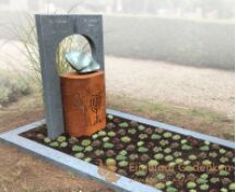 Cortenstaal grafmonument met Dolomiet zuilen en speksteen foto 1