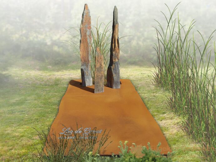 Cortenstaal grafmonument met natuurlijke zuilen foto 1