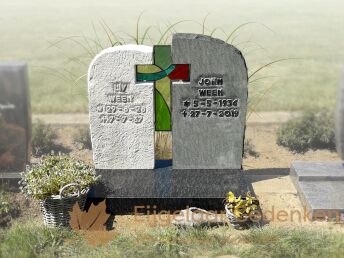 Kort grafmonument met glas in lood kruis