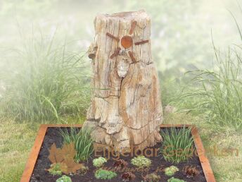 Versteend hout met cortenstaal grafmonument