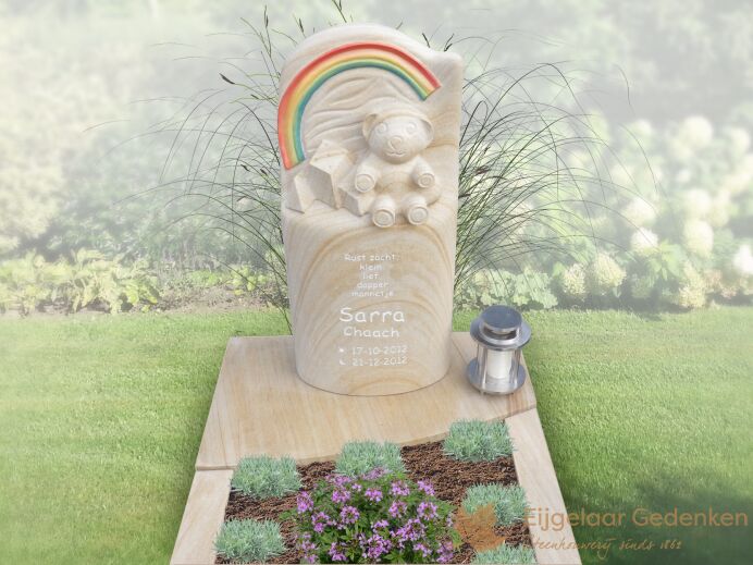 Zandkleurige kindergrafsteen met regenboog foto 1